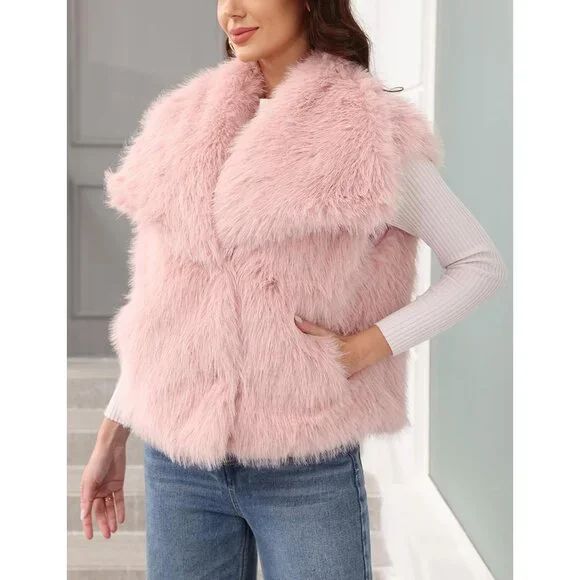 Women's Pink Faux Fur Vest Lapel Collar Sleeveless Furry Jacket Shaggy Warm - Picture 4 of 7